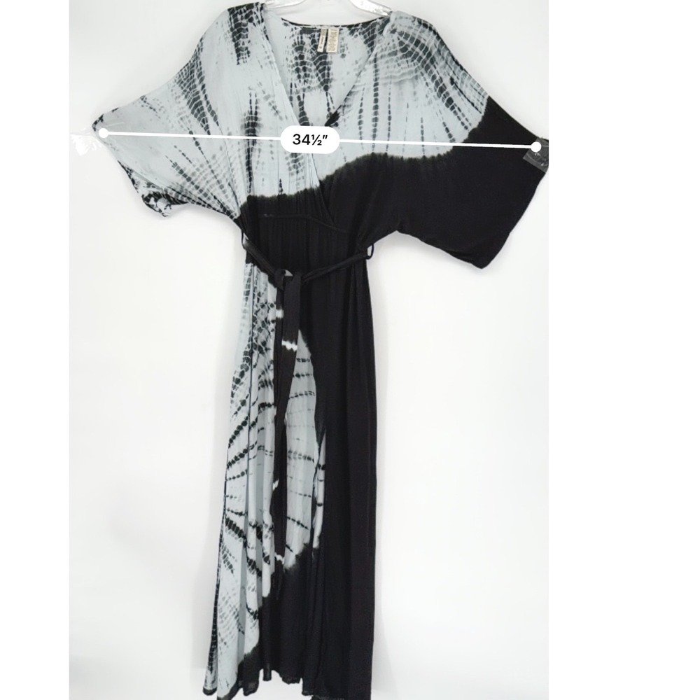Japna Tie Dye Maxi Dress Kimono Sleeve Belted Boho Festival Black Gray M 101-00 - Picture 4 of 13